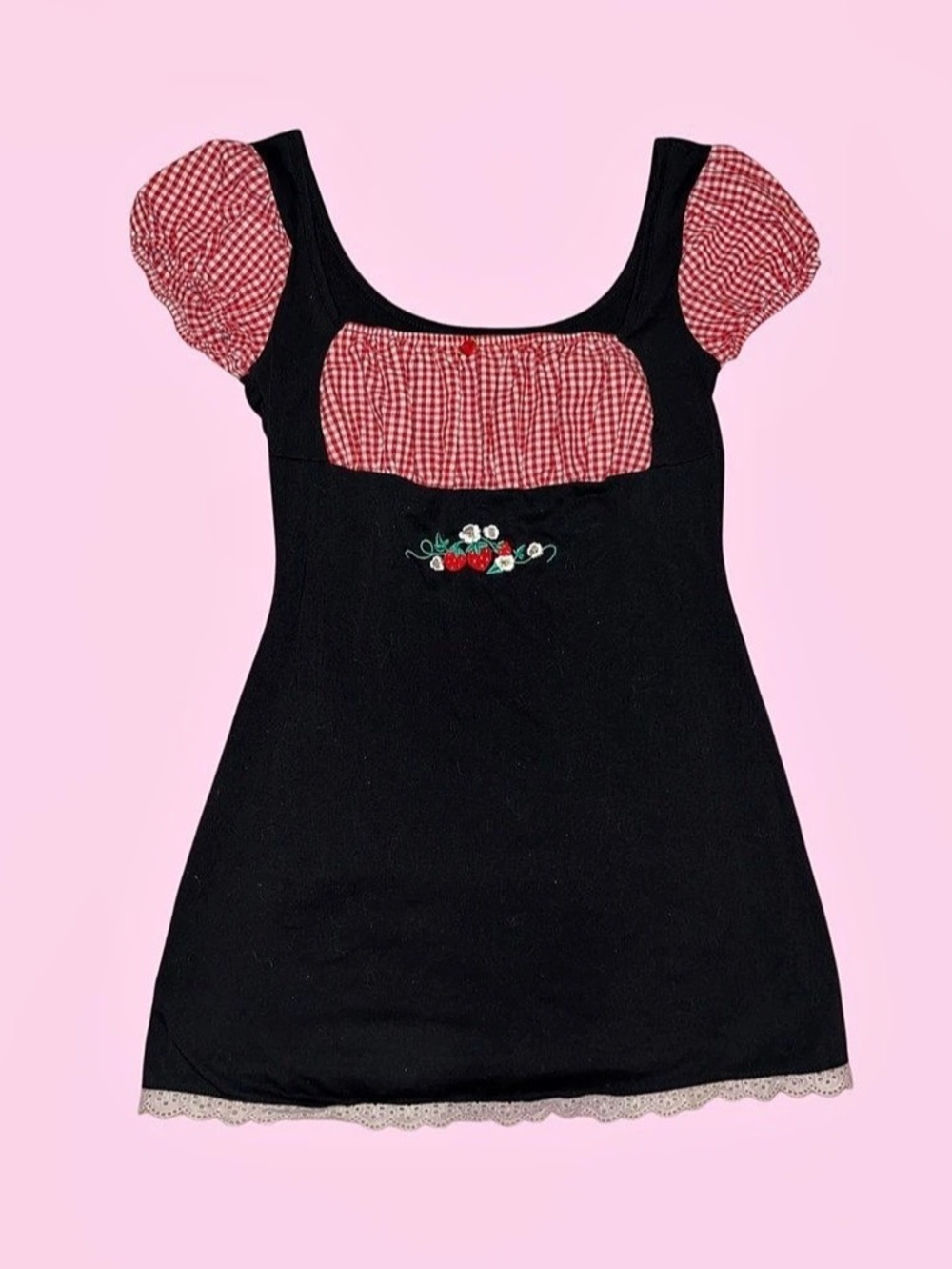Gingham Puff Sleeve Top in Black & Red